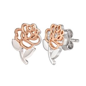 Disney Beauty and the Beast Sterling Silver 14kt Gold Plated Rose Stud Earrings.
